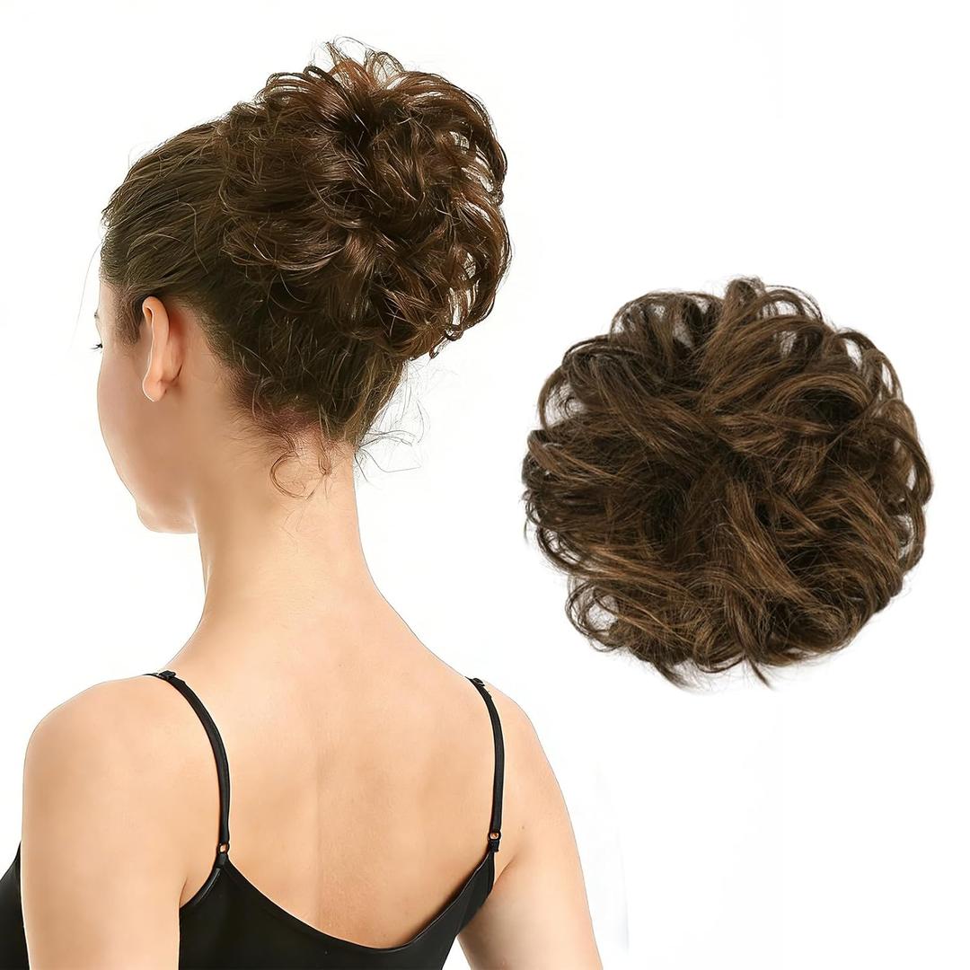 BARSDAR 100% Human Hair Bun Extension - Real Human Hair Medium Brown Messy Bun Scrunchie for Women - Elastic Wavy Brown Updo Extensions Thick Soft Fluffy Natural Looking Chignons Hairpieces Daily