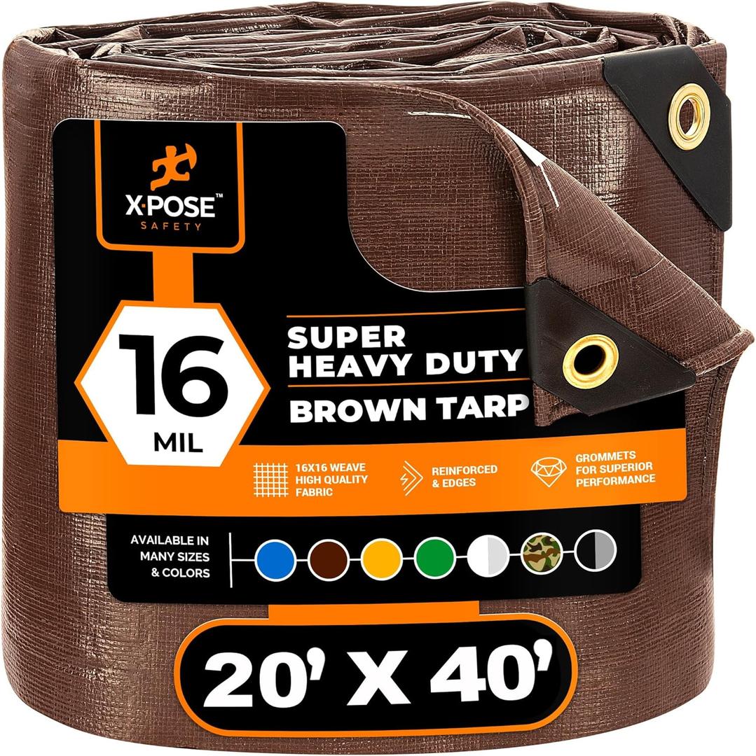 20' x 40' Super Heavy Duty 16 Mil Brown Poly Tarp Cover - Thick Waterproof, UV Resistant, Rip and Tear Proof Tarpaulin with Grommets and Reinforced Edges