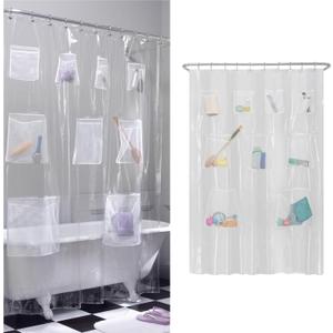 Zenna Home Waterproof Shower Curtain Liner with 9 Storage Pockets, 70 x 72 Inch, PEVA Shower Liner for Bathroom Storage, Shower Curtain Organizer with Rustproof Grommets, Clear