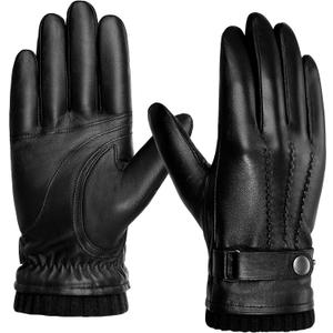 BISON DENIM Sheepskin Leather Gloves for Men, Winter Warm Touchscreen Gloves with Cashmere Lining, Driving Motorcycle Gloves (Large, Black)