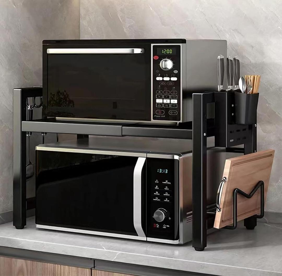 Extendable Microwave Oven Rack, 15.7~24.8" L Expandable Microwave Stand with Storage Shelf Heavy Duty with 6 Hooks and Chopsticks Cutting Board Holder for Kitchen Countertop
