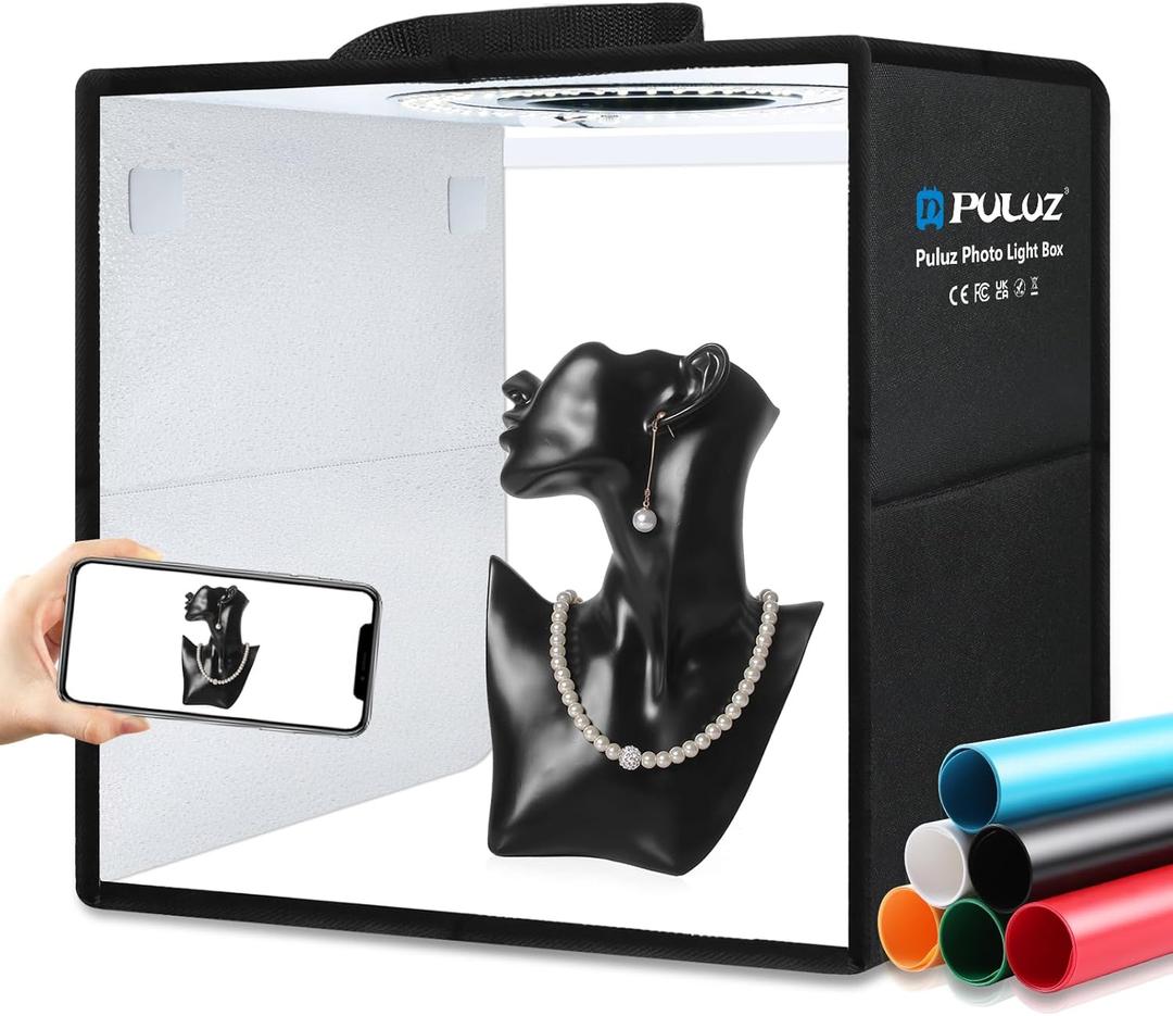 PULUZ Light Box Photography, 12"x12" Professional Dimmable Shooting Tent Kit with CRI >95 White Lighting 120 LEDs Lights + 6 Photo Backdrops for Product Display