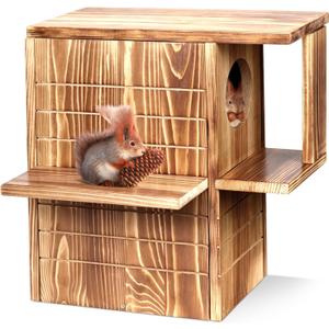 Wooden Squirrel House for Outside, Carbonizedpine Wood Outdoor Chipmunk House with Predator Guard & Easy-Clean Front Door, Large Weatherproof Squirrel Nesting Box for Tree Winter Squirrel Shelter