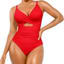 SHAPELLX Tummy Control Swimsuits Women V Neck One Piece Bathing Suit Ruched Push Up Slimming Swimwear Built-in Bra (Medium, Red)