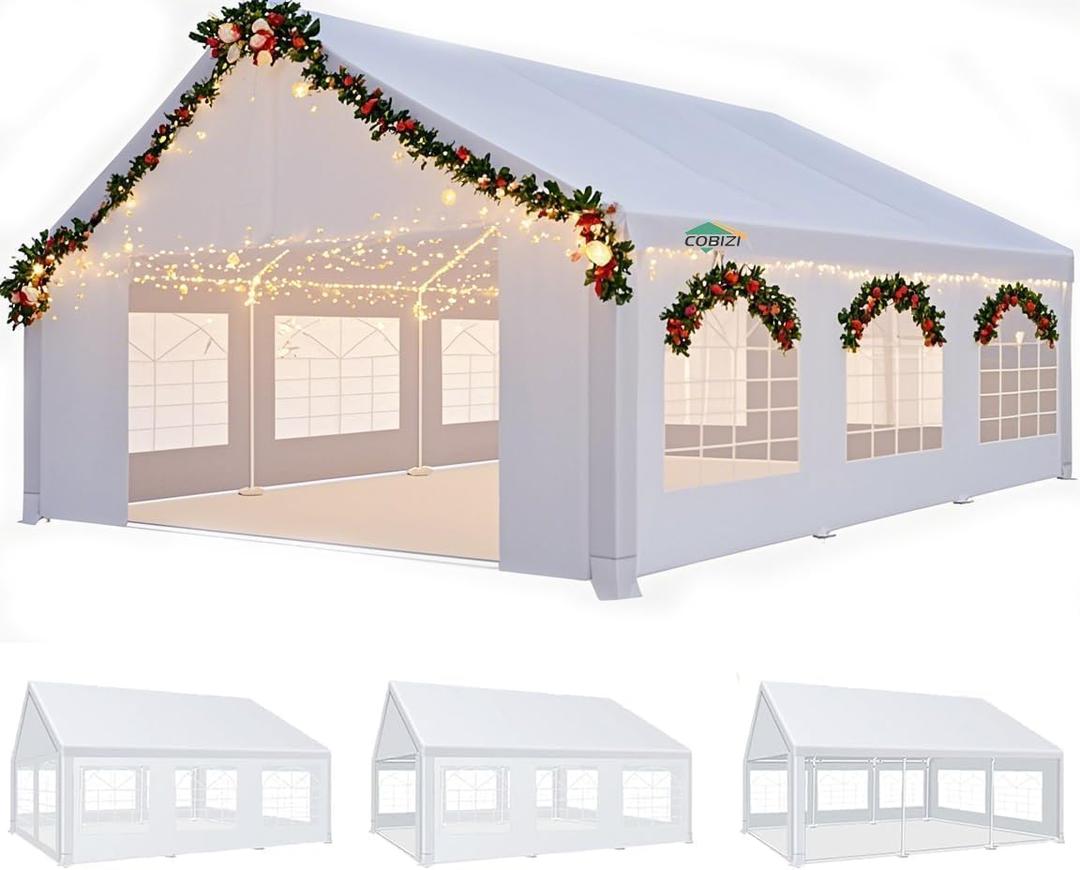 COBIZI 20x20FT Tents for Parties Heavy Duty Canopy, Carpas para Fiestas with 4 Removable Sidewalls with Built-in Sandbag, Waterproof, UV50+, White