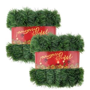 2Pcs 50FT Green Christmas Garland Decorations, Christmas Artificial Pine Greenery Garland Outdoor Indoor Decor, Straight Faux PVC Soft Garland for Stairs Railing Fireplace Window Christmas Decor