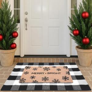 Nuanchu 2 Pcs Christmas Coir Doormats Outdoor Snowflake Merry Bright Welcome Mats Layered Buffalo Plaid Front Door Rugs Non Slip Floor Mats for Xmas Porch Entryway Indoor Outdoor Decor