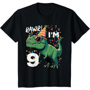 Kids 9th Birthday Trex Rawr Im 9 Years Old Bday Dino Boys Kids T-Shirt (Black), 2T