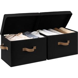 StorageWorks Fabric Storage Bins with Lid, Decorative Storage Boxes for Shelves, Stackable Closet Organizer Basket with Handles, Large, Black, 2-Pack