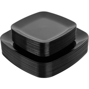 PULOTE 60PCS Black Square Plastic Plates Disposable - Include 30 Dinner and 30 Dessert Plates,Ideal for Party&Halloween