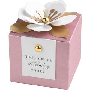 FEIYI 20 PCS Candy Boxes, 3 In 1Dusty Rose Favor Boxes with Floral Decor, White Thank You Tags Gift wrapping for Wedding Birthday Baby Shower Decorations Party -2.55x2.55x2.55''