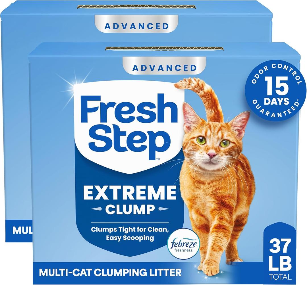 Fresh Step Advanced Extreme Clump Multi Cat Clumping Litter with Febreze Freshness, Mountain Spring Scent, Ammonia Block Technology, Low Dust, Low Tracking, 18.5 lb. Box, Pack of 2 | Forms Tight Clumps, Easy To Scoop, Scented, Ammonia Block Technology, Low Dust, Compatible with Most Auto Litter Boxes