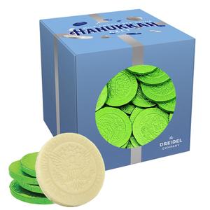 The Dreidel Company White Dairy Milk Chocolate Coins, Green Foil Design Hanukkah Gelt, Kosher Cholov Yisroel, Made in Israel (Half-Pound) (BBD 11/02/27) Pack of 2
