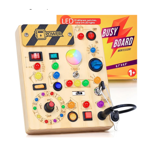 RichBoy Montessori Toy Busy Board for 1-3 Year Old Toddlers, 37-in-1 Sensory Toy with 24 LED Lights, Educational Travel Toy for Airplane Car Rides, First Birthday for Boys Girls (6.7" x 5.3")