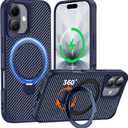 Designed for iPhone 17 Case with 360 Magnetic Stand, Carbon Fiber Phone Case [Compatible with Magsafe] [15FT Military Protection] with Stand Ring 6.3'', Deep Blue