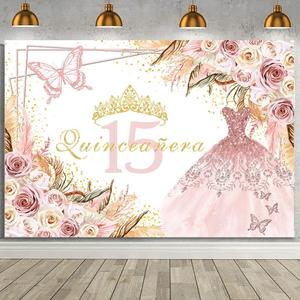 MEHOFOND 7x5ft Quinceanera 15th Birthday Boho Backdrop for Sweet Girl Boho Birthday Pink Butterfly Background Girl Pink Floral Crown Princess Banner 15th Miss Quince Party Decoration Supplies