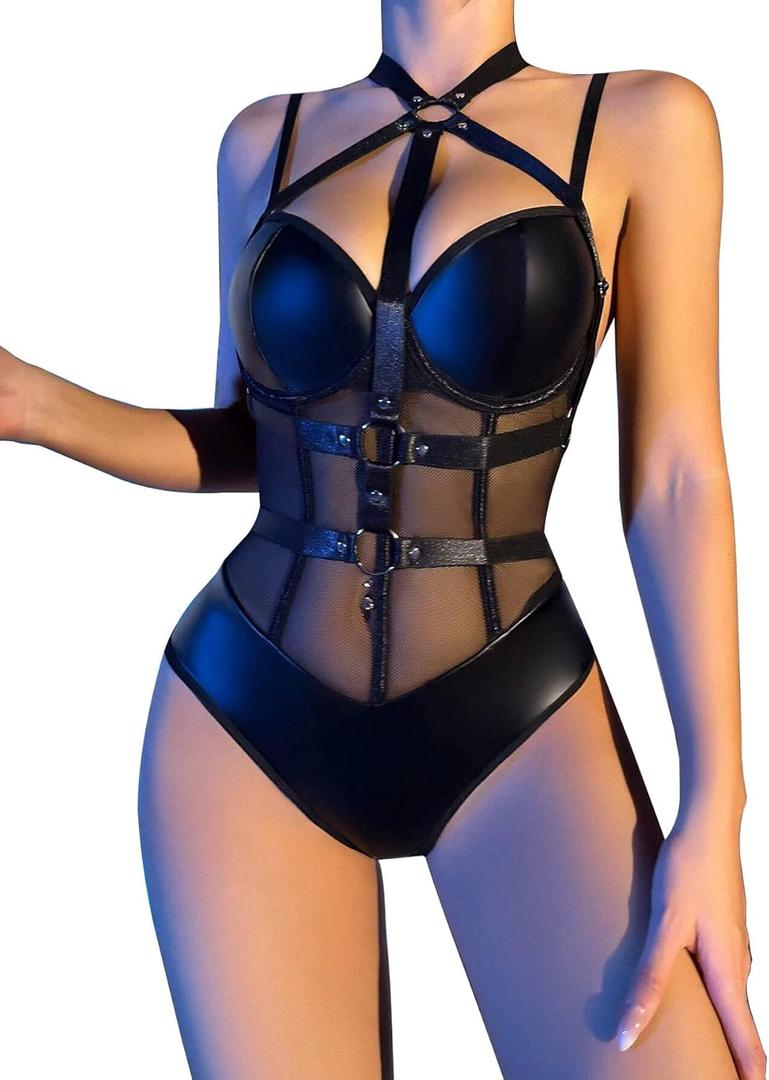 Lilosy Sexy Crisscross Choker Leather Pu Underwire Babydoll Women Harness Teddy Bodysuit Nightshirt One Piece (Small, Black)