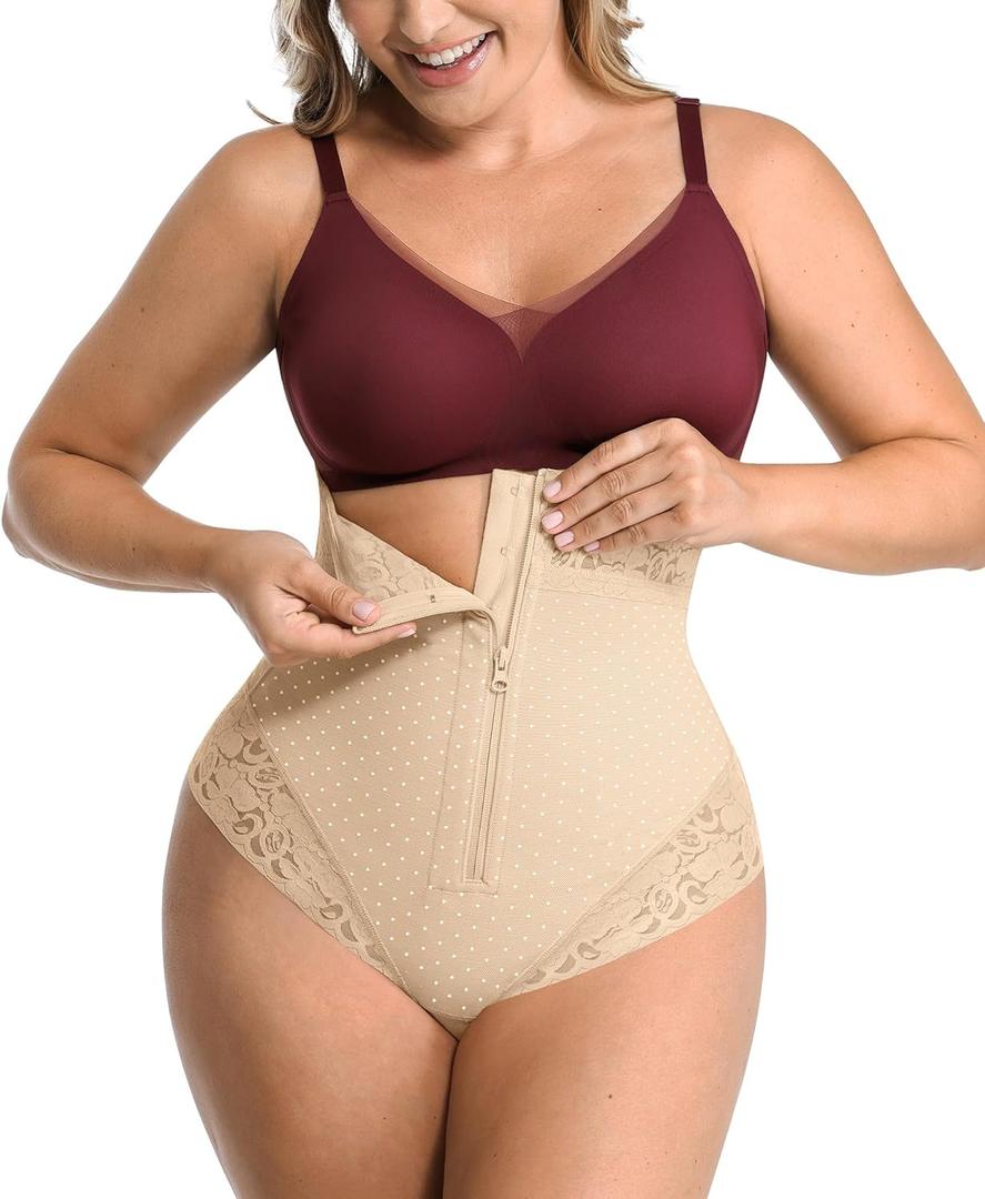 SHAPELLX Tummy Control Thong Shapewear for Women Shaping Thong Body Shaper Underwear with Hook Zipper Closure (Medium, Beige)