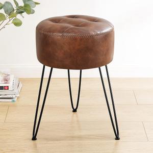 LUE BONA Reddish Brown Vanity Stool Chair for Makeup Room, Tufted Faux Leather Stool for Vanity, 19 inch Height, Vanity Chair with Metal Legs, Modern Foot Ottoman for Bedroom, Living Room, 13''W x 13''D x 19.1''H