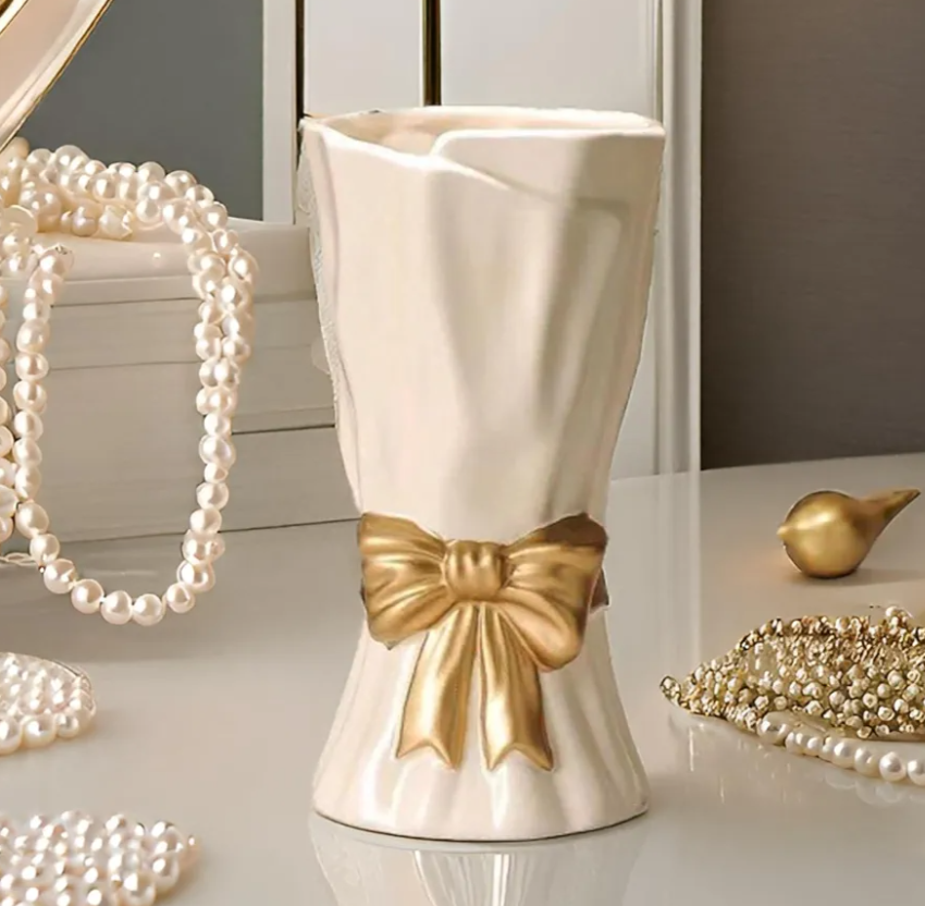 Bow Vase, White Flower Vase for Home Decor, White Ceramic Vases for Boho Style, 9.3 Inch Large Vases for Ideal Shelf Decor/Table/Living Room (Glazed Exterior and Interior)