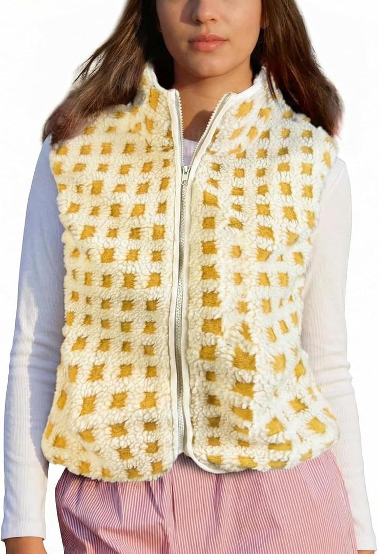 WOWULOVELY Womens Checkered Sherpa Vest Sleeveless Fleece Jacket Coat Lightweight Zip Up Crochet Plaid Gilet with Pocket(Begie-S)