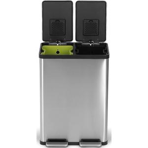 SIMPLI-MAGIC 60 Liter / 16 Gallon Rectangular Hands-Free Dual Compartment Recycling Kitchen Step Trash Can with Soft-Close Lid, Brushed Stainless Steel (30L x 30L Capacity)