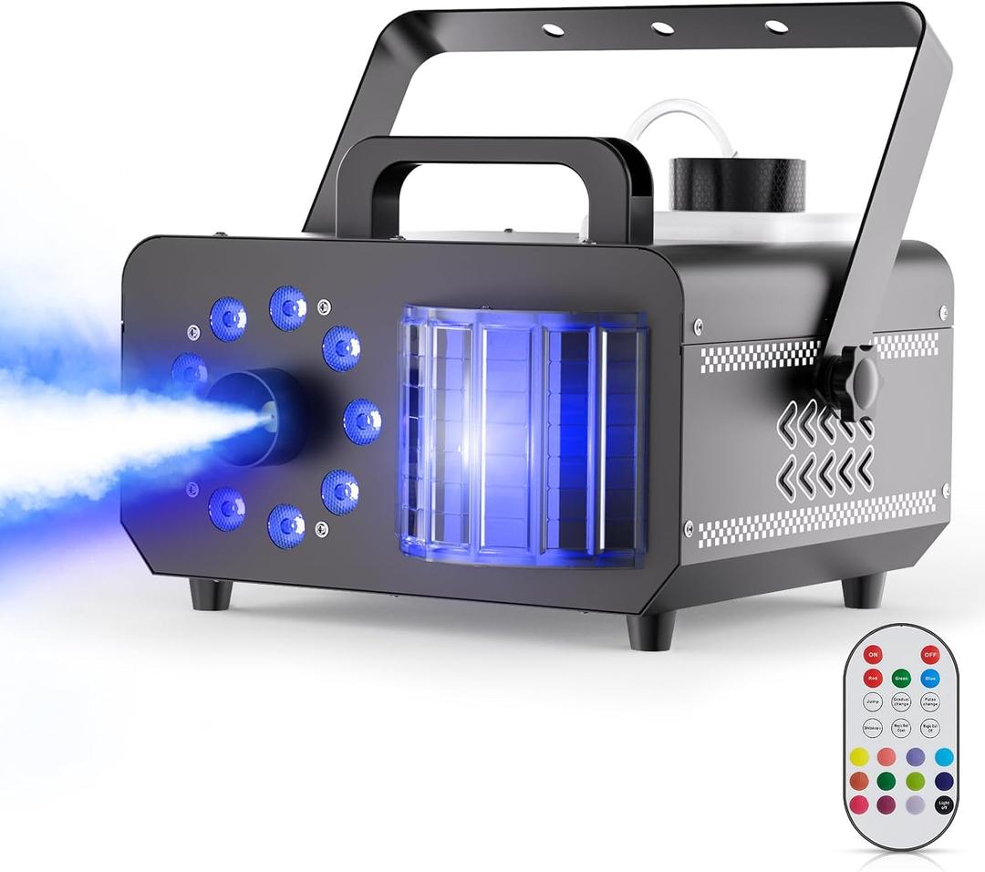 1200W 3 in 1 Fog Machine,9 RGB with Lights,Magic Ball Strobe Effect Lights Led 14 Color Fog Smoke Machine Dj Party Wireless Control,3000CFM,1L Fuel Tank for Halloween Christmas Wedding Outdoor (Black)