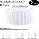 8 Packs 120 Inch White Round Tablecloth in Diameter, Washable Polyester Fabric Tablecloths, Wrinkle Resistant Table Cloth for Wedding Party Banquet Dining