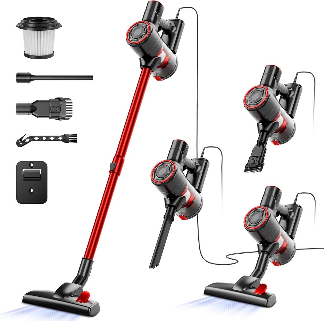 Corded Stick Vacuum Cleaner, 25Kpa Powerful Stick Vacuum, 2 in 1 Vacuum Cleaners,1.2 L Dust Cup, Corded Handheld Vacuum Pet for Hair, Short-Pile Carpet, Hardfloor (Red)