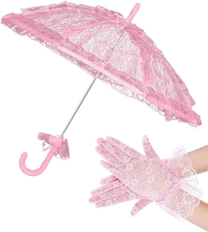 Solnique Mini White/Pink Lace Parasol with Floral Gloves, Vintage Lace Umbrella for Wedding Decor, Tea Party & Photography Props