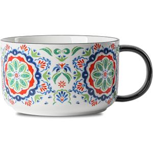 Extra Large Ceramic Coffee Mug: 38 oz Oversized Bowl with Jumbo Handle for Home Office Breakfast Soup Cereal - Moroccan Pattern Design Microwave Safe Giant Cup - A