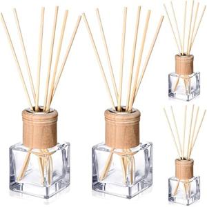 Roshtia 4 Set Reed Diffuser Bottle Empty Refillable Fragrance Glass Diffuser Bottles with Wooden Caps Rattan Sticks 50ml 1.7 oz Glass Jars for DIY Fragrance