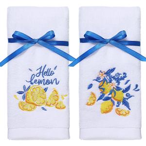 Set of 2 Lemon Hand Towels for Bathroom Kitchen Decor 100% Cotton Embroidered Blue Yellow Lemon Print Dish Bath Towels 14 x 30 in Summer Tea Fingertip Dishcloth for Gifts Party Favors Supplies