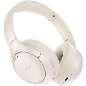 LORELEI QC60 Hybrid Active Noise Cancenlling Headphones,Wireless over ear Bluetooth Headsets with mic, 60H Playtime Foldable Lightweight, Deep Bass, Memory Earmuffs,for Travel Home Office(Beige White)