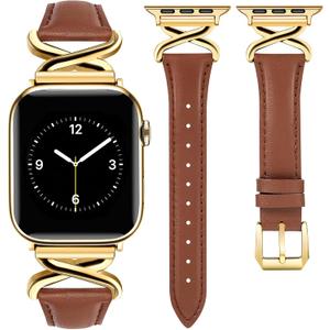 JR.DM Leather Bands Women Compatible with Apple Watch 40mm 38mm 44mm 45mm 41mm 42mm 46mm 49mm Dressy Slim Fancy Designer Strap with X-Shaped Metal Crown for iWatch Series Ultra/SE/11/10/9/8/7/6/5/4/3/2/1