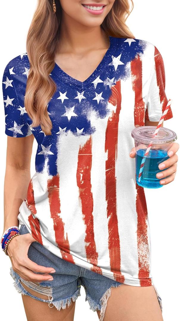 Women 4th of July Fourth of July Red White Blue Patriotic Top July Fourth Star Stripe V Neck T Shirt 3XL
