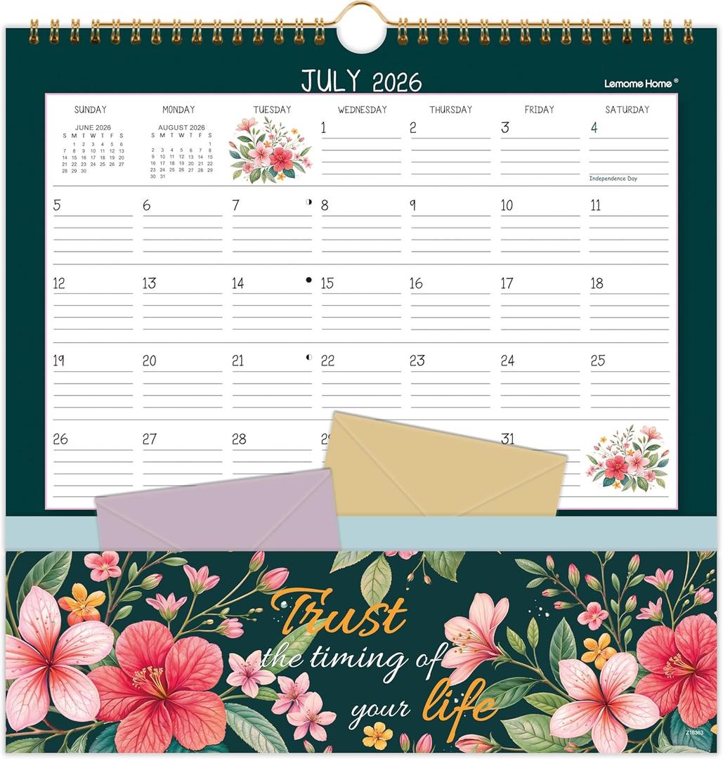 Wall Calendar 2026-2027 - Pocket Calendar, 11.2" x 11.2", 2026-2027 Calendar with Pockets, Jul. 2026 - Dec. 2027, Wall Calendar 18 Month with One Pockets, Calendars for Office School Home, Golden Twin Wire Binding, Premium Paper - 12 Different Floral