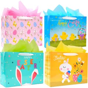 Nihuecne 4 Pack Extra Large Easter Gift Bags with Tissue Paper, 16" Paper Gift Bags with Handles for Easter Gift Wrap,4 Designs