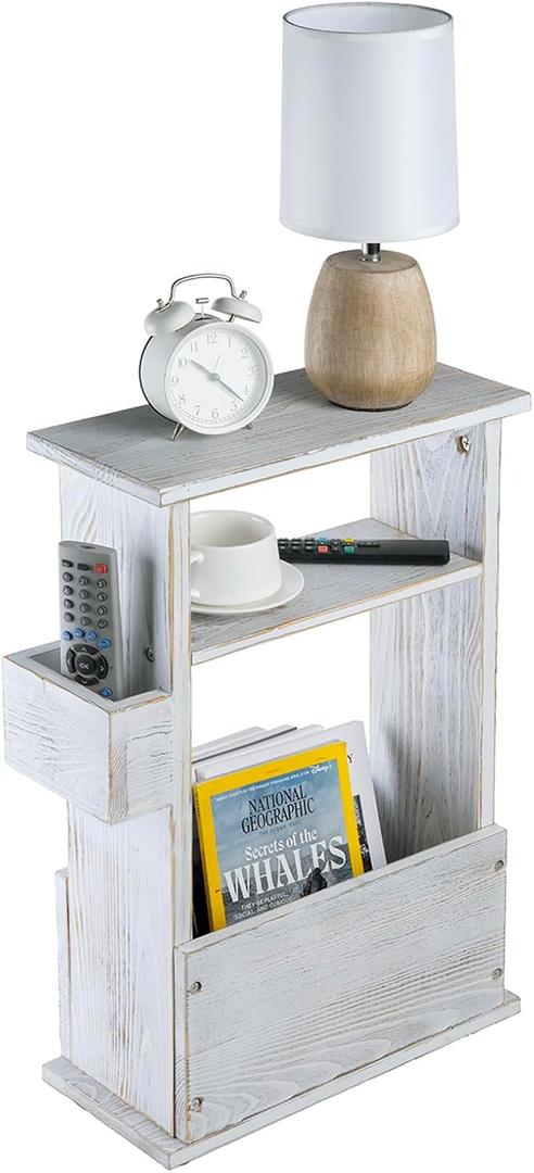 MyGift Wide Side Table, Slim End Sofa Table in Whitewashed Wood with Storage Shelf, Magazine and Remote Holder, Narrow Side Table