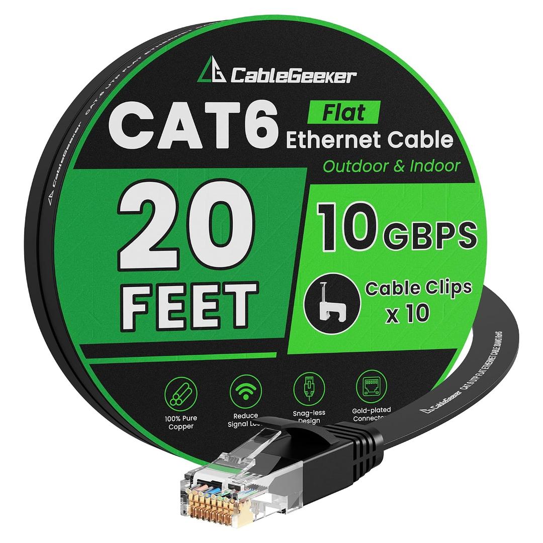 Cat 6 Ethernet Cable 20 ft, Indoor&Outdoor, High Speed 10Gbps Flat Internet Network Cable, Pure Copper Ethernet Patch Cable Long, Computer LAN Cable with Clips & Straps for Router, Modem, PS4/5, Black