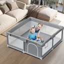 Baby Playpen Baby Play Pen for Babies and Toddlers Safe Anti-Fall Baby Play Yards Indoor & Outdoor Sturdy Safety Baby Activity Center with Soft Breathable Mesh Baby Fence 50x50 Inch (Grey)