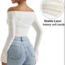 OMKAGI Women Long Sleeve Tops Boat Neck Off Shoulder Shirts Fitted Going Out Y2K Crop Top (White, XS)