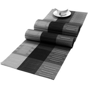 SHACOS Woven Vinyl Table Runners PVC Table Runners 12 x 36 inch Wipe Clean Reversible Plastic Weave Tabletop Counter Decor Mats Indoor Outdoor, Ombre Black and Gray