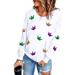 SELINK Womens Sequin Sweatshirt Oversized Crewneck Long Sleeve Casual Pullover Tops (Medium, Z1 White Crown)