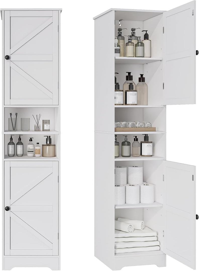 Viaozutis Tall Bathroom Storage Cabinet, Vertical Freestanding Organizer with Adjustable Shelf, Slim Design for Small Bathrooms, Towels & Toiletries StorageWhite