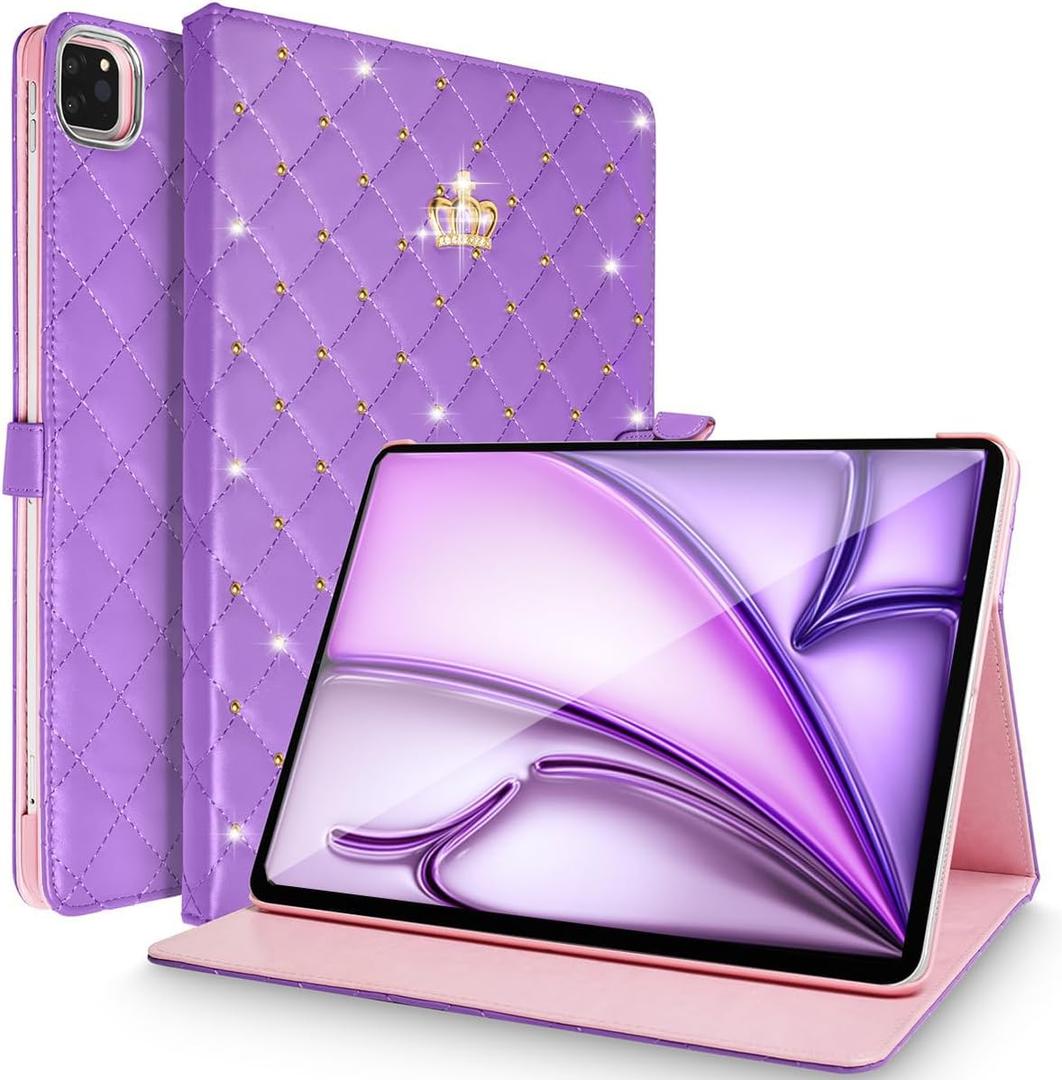 Changjia for iPad Air 11 Inch Case M4(2026)/M3 (2025)/M2 (2024),iPad Air 5th/4th Gen (2022/2020) 10.9Inch,Girly Cute Crown Diamond Elegant PU Leather Smart Auto Sleep/Wake Stand Protective Case,Purple