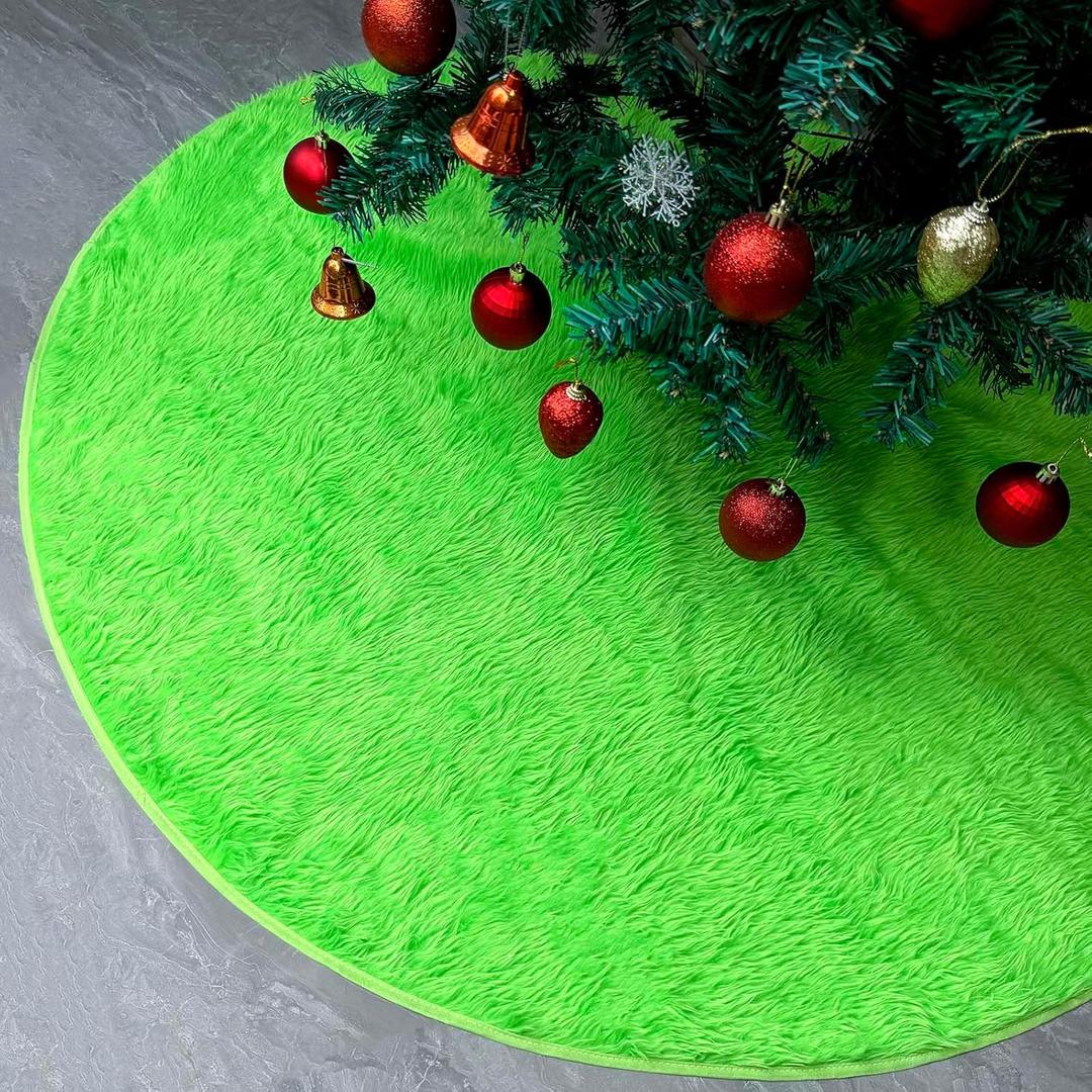 48 Inch Green Christmas Tree Skirt Faux Fur Trees Skirt Soft Fluffy Plush Light Green Xmas Tree Skirts Ornaments for Grinch Christmas Decorations New Year Holiday Family Indoor Outdoor Decor