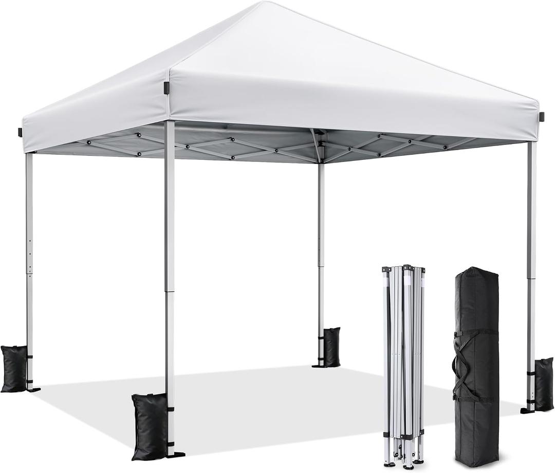 10x10 Pop Up Canopy, Portable Instant Canopy Tent with Carry Bag, 4 Sandbags and 8 Stakes for Outdoor Events, Parties & Camping - White