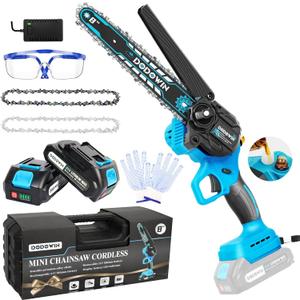 DODOWIN Mini Chainsaw 8 inch, Cordless Mini Chainsaw with 2 2.0Ah Batteries & Charger, Portable Chainsaw for Branches Wood Cutting, Birthday Gifts for Men Dad Him Grandpa (5-8 Inch Blue)