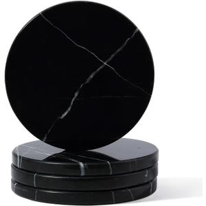 Koville Marble Coaster Set of 4, Round Coasters, 4" Stone Coaster for Drinks Coffee, White Marble Coasters for Coffee Table Home Bar Decor, Heat Resistant, Gift Choice(Black)
